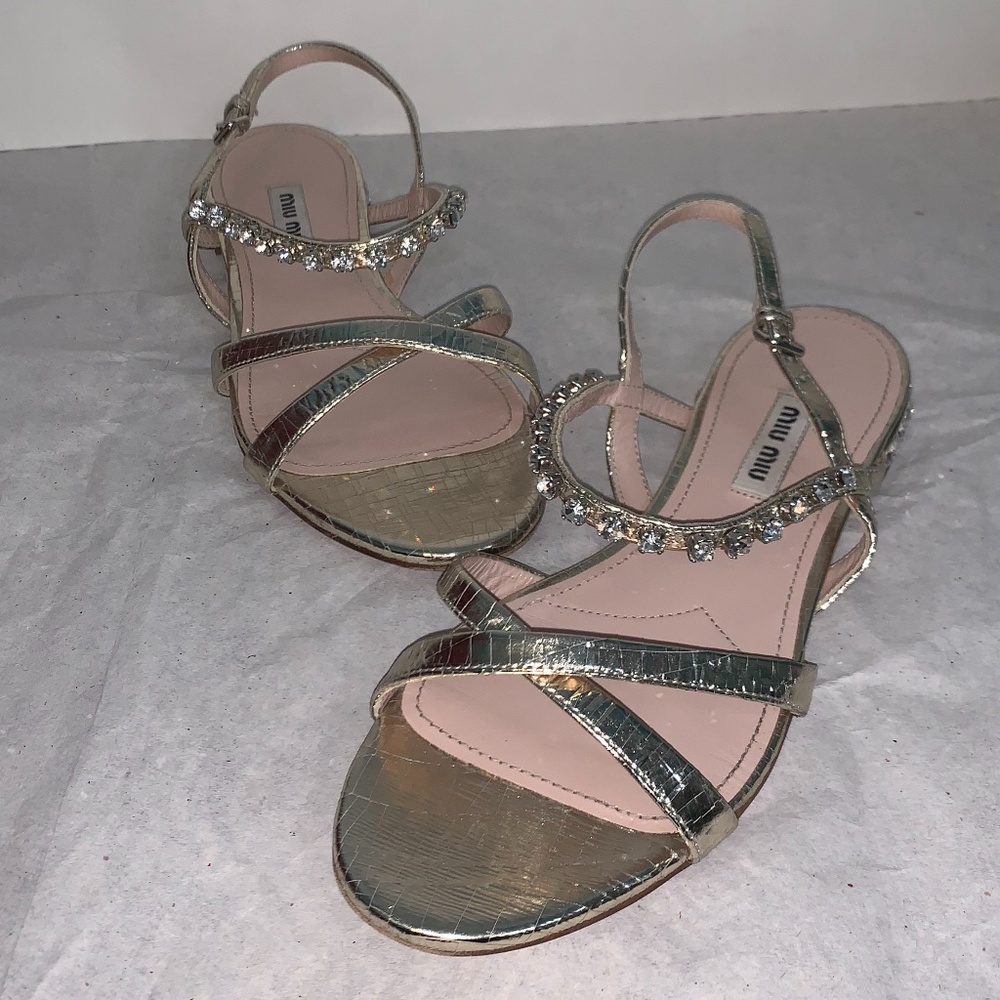 Miu Miu Gold Leather Crystal Studded Sandals